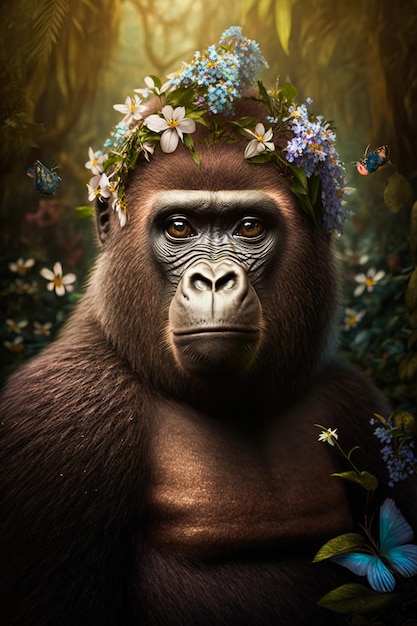 Portrait of a young cute Gorilla with flowers on his head sitting in the middle of the jungle Generative ai