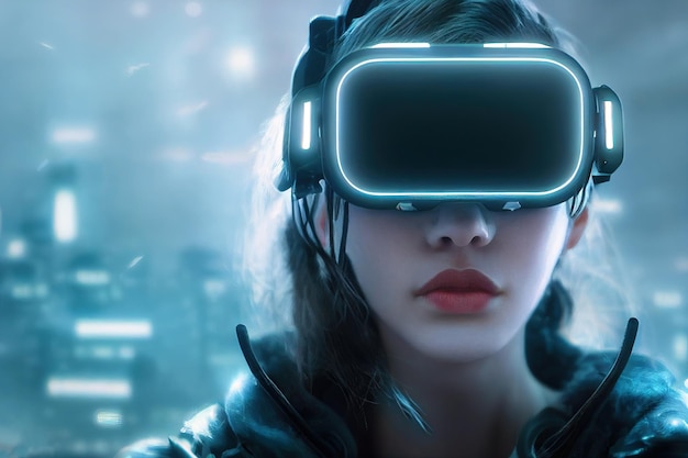 Portrait of young cyber girl with glowing science fiction virtual reality glasses on neon background