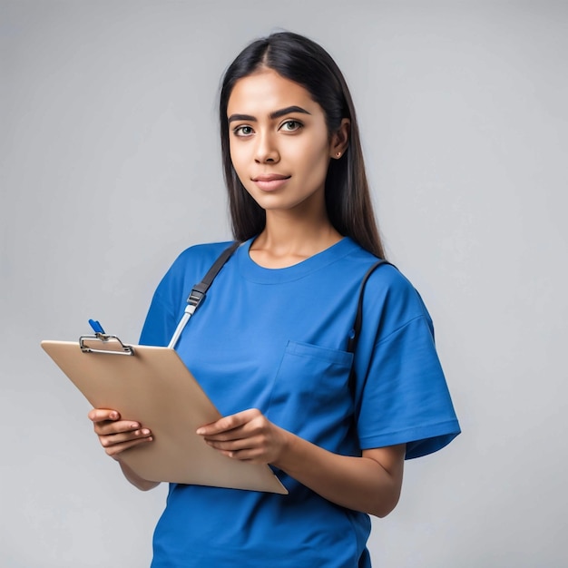 Portrait of young delivery woman with clipboard tshirt white background