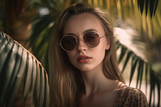 Portrait of a young extremely beautiful causasian woman with sun glasses and red lip standing under a coconut tree at the beach