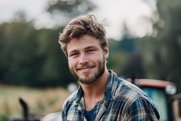 Portrait of Young Farmer Smiling on Tractor in Natural Environment