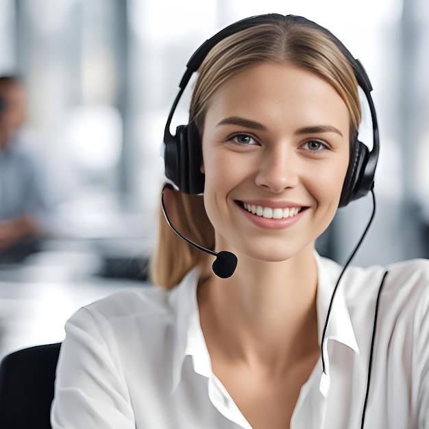 Photo portrait of young female caucasian wearing simple shirt and headset smiling to camera against blur