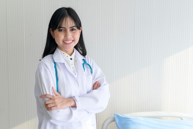 Portrait of young female doctor with stethoscope working at hospital medical and health care concept