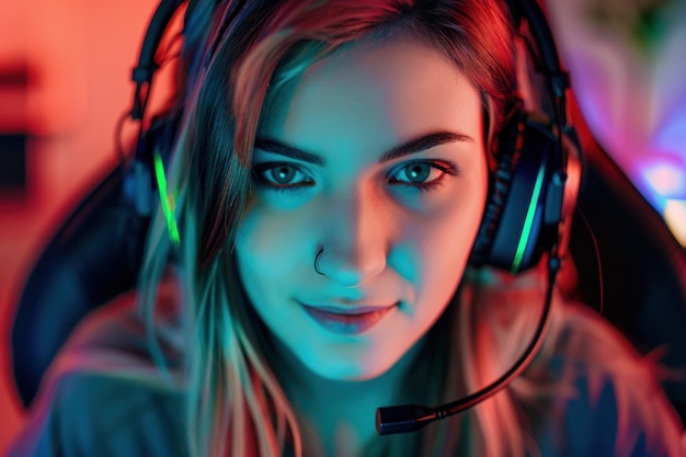 Portrait of a young female gaming streamer wearing a headset