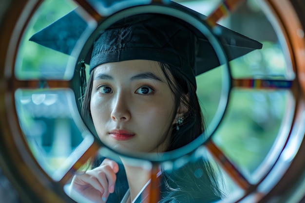 Portrait of a Young Female Graduate in Cap and Gown through Circular Frame Reflective Academic