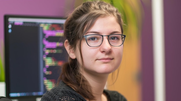 Photo portrait of a young female it specialist at office purple color theme