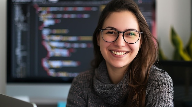 Portrait of a young female IT specialist at office wearing ash color kit