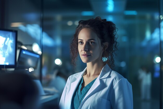 Portrait of young female scientist in lab coat looking at camera at night Healthcare innovator