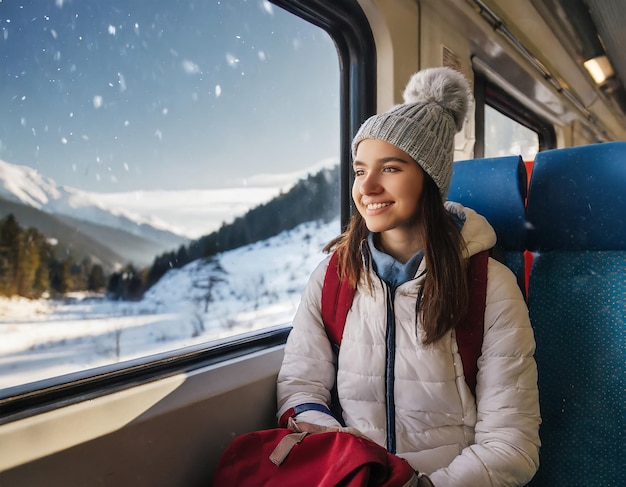 Photo portrait of young female tourist traveling by train snow landscpae beautiful girl with a backpack si