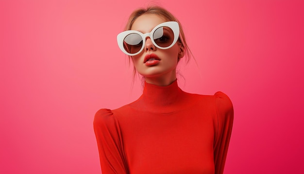 Photo portrait of young female in trendy red outfit and big white sunglasses looking at camera while stan