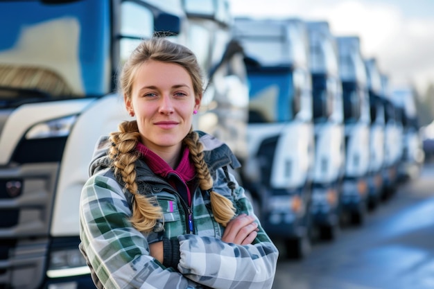 Portrait of young female truck driver standing in front of trucks