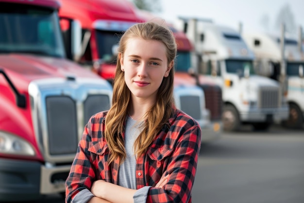 Portrait of young female truck driver standing in front of trucks