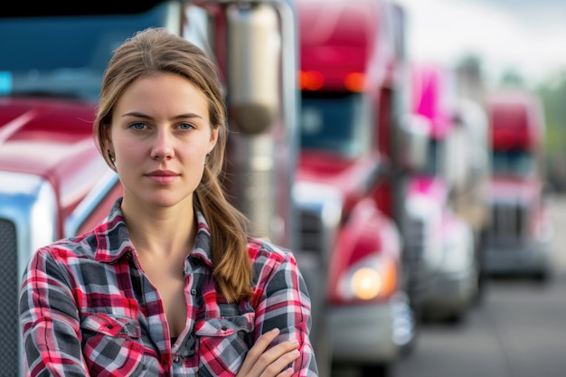 Portrait of young female truck driver standing in front of trucks