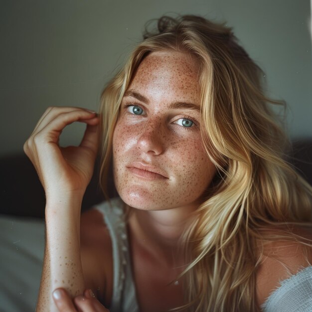 Portrait of a young freckled woman with a thoughtful expression