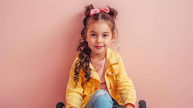 Photo portrait of young girl sitting on tricycle outdoors