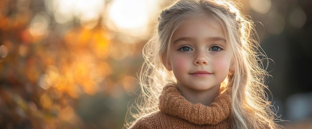 Portrait of a Young Girl with Blonde Hair and Blue Eyes in a Knit Sweater