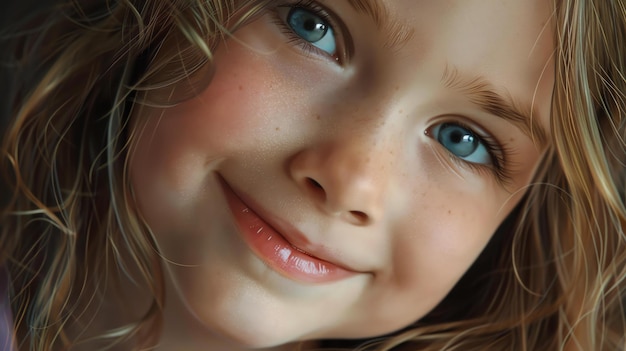 A portrait of a young girl with blue eyes and blonde hair smiling with her head tilted