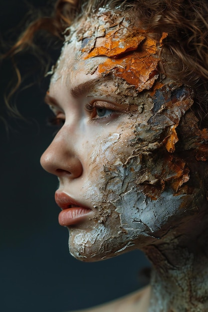 Portrait of a young girl with a clay mask on her face