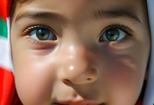 Portrait of a young girl with the color of the eyes of the flag of Jordan