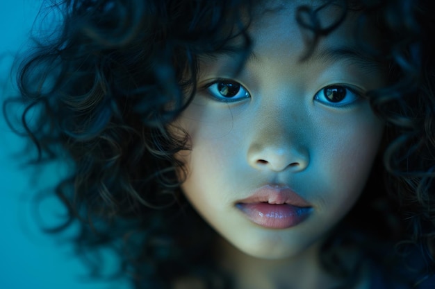 Portrait of a young girl with curly hair in blue lighting