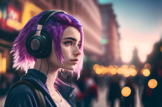 Portrait of young girl with purple hair listening music with headphones on city street Neural network generated art