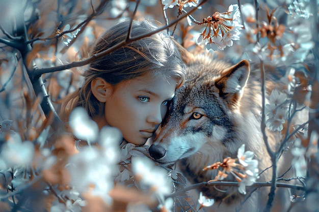 Portrait of a young girl with a wolf in the garden