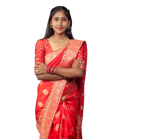 Portrait of a young girl or woman posing on white background