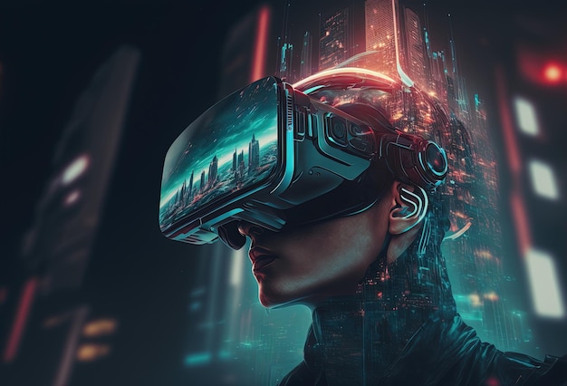 Portrait of a young girl a woman with VR glasses immersed in virtual reality Abstract neon light surreal background Creative art and technology of the metauniverse 3D rendering AI generated