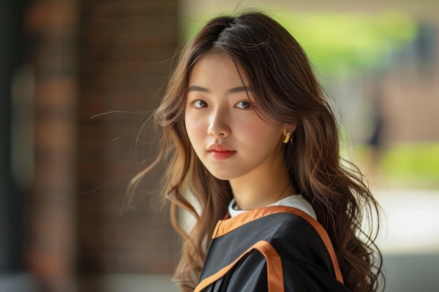 Portrait of a young graduate woman in gown and cap looking thoughtfully at the camera outdoors