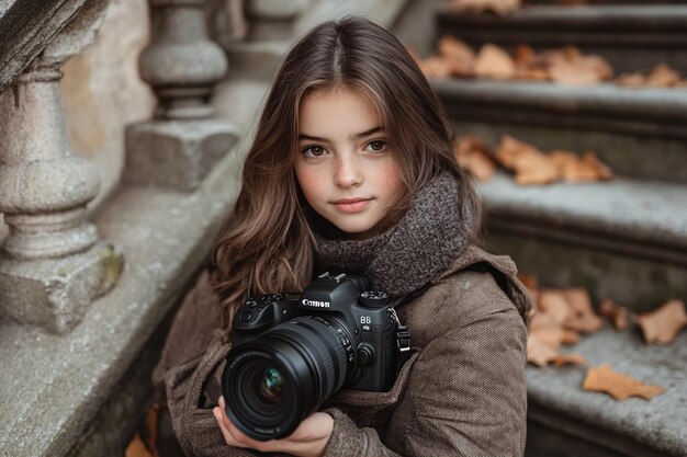 Photo portrait of young grapher girl sits on stairs with professional camera takes s outdoors