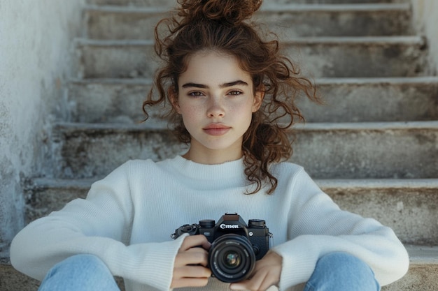 Photo portrait of young grapher girl sits on stairs with professional camera takes s outdoors