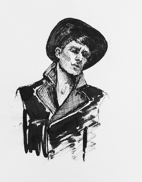 Portrait of young guy wearing hat and jacket Drawing by hand with black ink on paper Black and white artwork