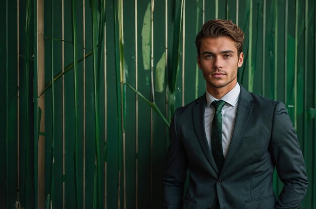 Photo portrait of a young handsome businessman wearing a suit against a white wall