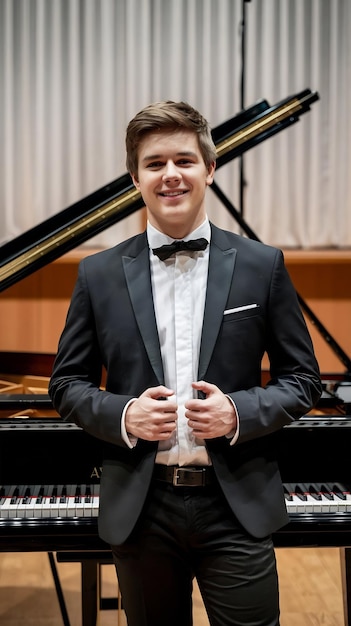 Photo portrait of a young handsome male pianist standing on concert stage