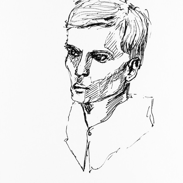 Portrait of young handsome man Drawing by hand with black ink on paper Black and white artwork