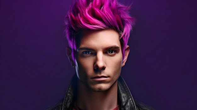 Portrait of young handsome man with pink hair on purple background