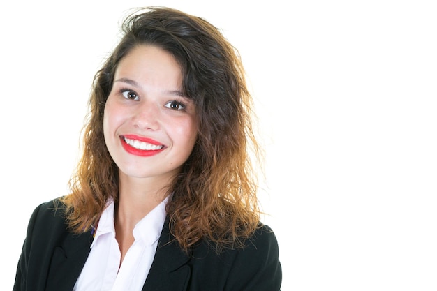 Portrait of young happy curly smiling businesswoman isolated on white background