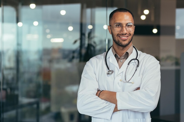 Portrait of young happy and smiling doctor man in medical coat and stethoscope smiling and looking