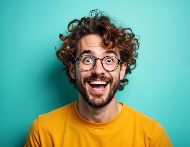 portrait of a young happy and surprised man with glasses and a yellow shirt