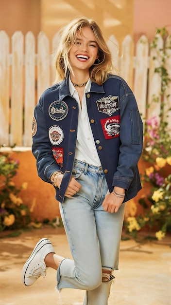 Portrait of a young happy woman dressed in denim jacket