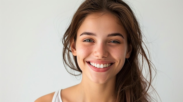 portrait of young happy woman looks in camera