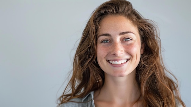 portrait of young happy woman looks in camera