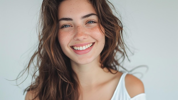 portrait of young happy woman looks in camera