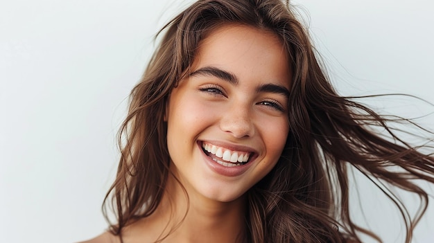 portrait of young happy woman looks in camera