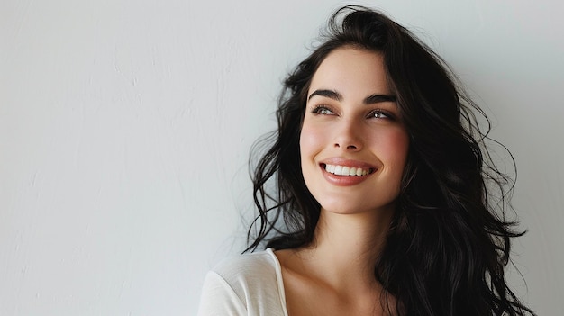 portrait of young happy woman looks in camera