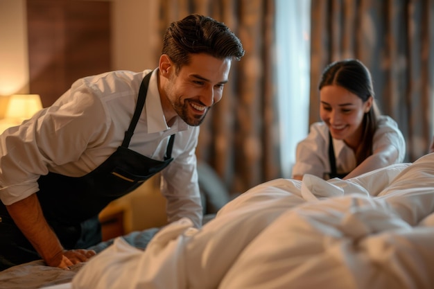 Photo portrait of a young housekeeper in uniform with a pleasant smile indoors