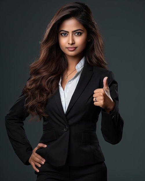 Portrait of young Indian business woman with thumbs up gesture half body above waist