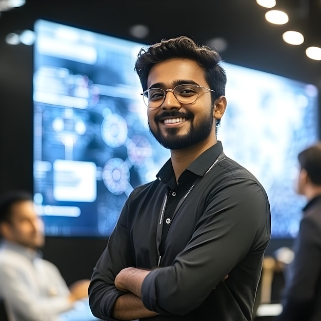 Portrait of young Indian businessman in eyeglasses looking at camera and smiling while standing with