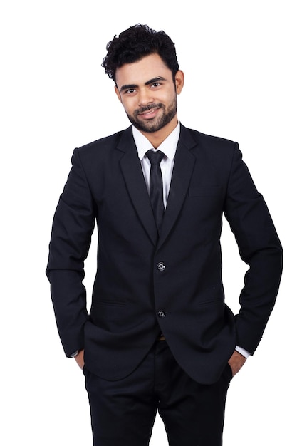 Portrait of a young Indian businessman smiling isolated on white background