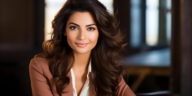 Portrait of a young Indian businesswoman smiling with folded hands in office Concept Professional Headshot Office Environment Indian Businesswoman Smiling Portrait Folded Hands